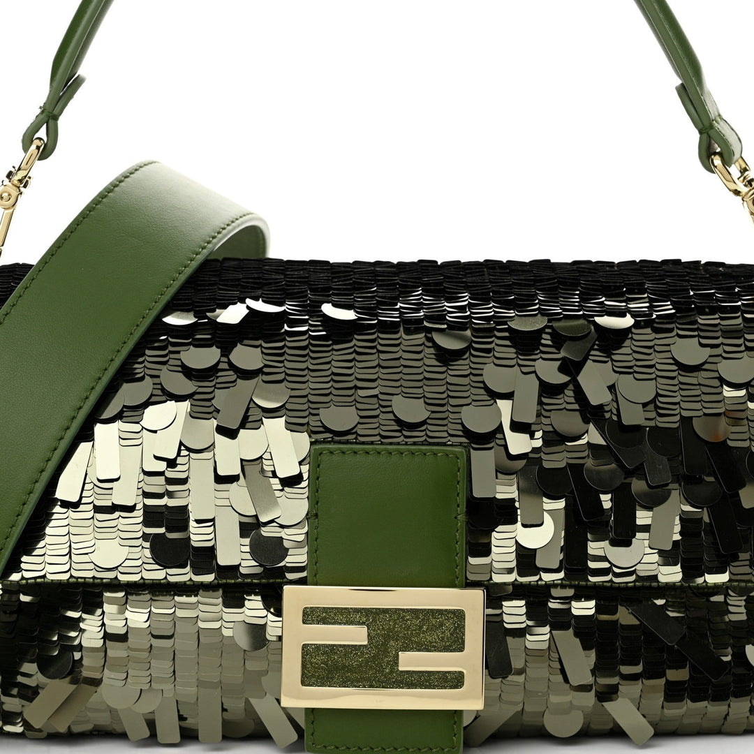 FENDI BAGUETTE BAG IN GREEN SEQUINS AND LEATHER