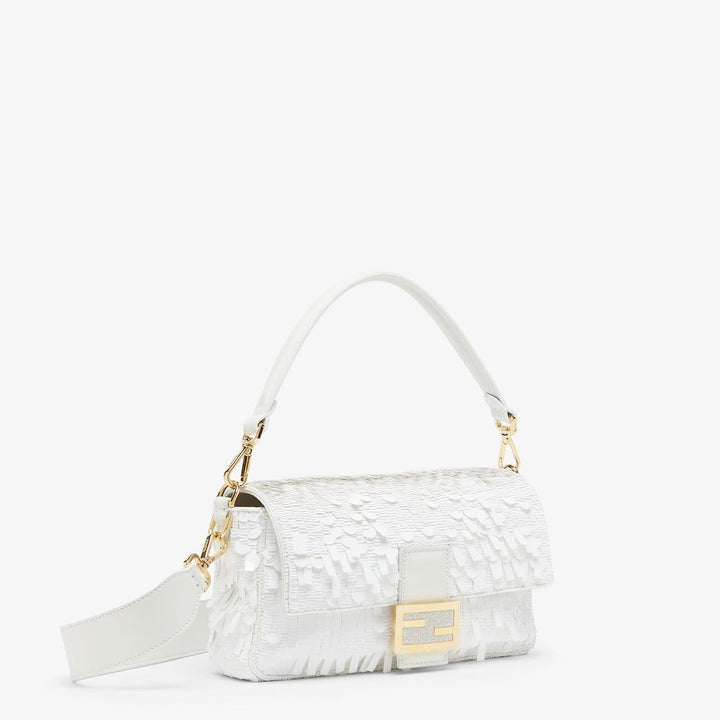 FENDI WHITE SEQUIN AND LEATHER BAGUETTE BAG