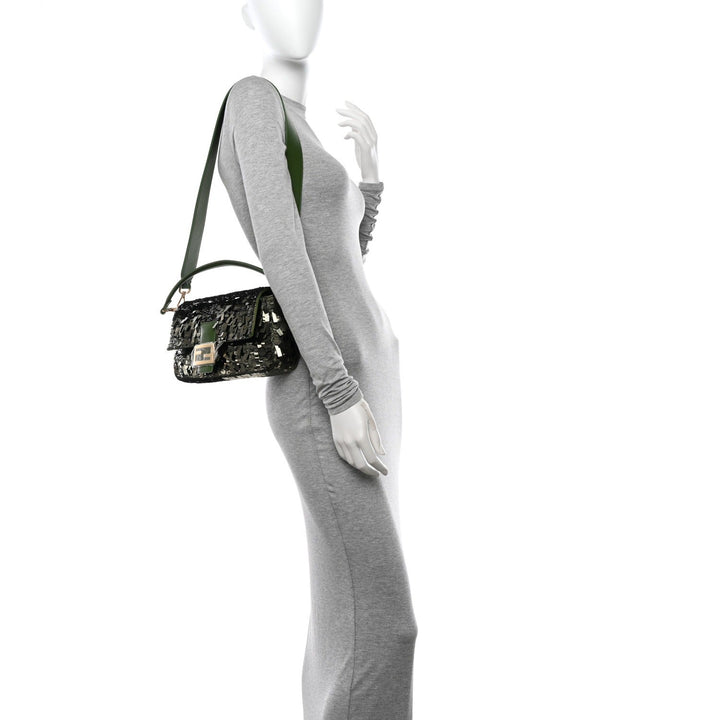 FENDI BAGUETTE BAG IN GREEN SEQUINS AND LEATHER